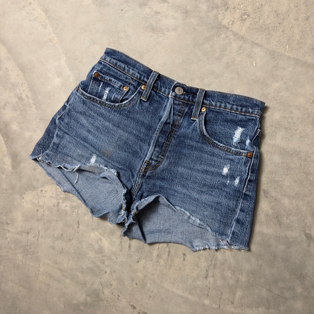 Levi's Premium 501 Original Denim Shorts Womens 27 Blue Distressed Raw Hem Baggy